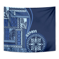 Blue Samoa siapo motif tapestry close-up with patterned grid and circular floral emblem
