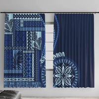 Blue window curtain set with geometric siapo-style motif and solid dark-blue panel
