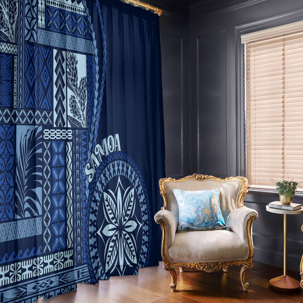 Blue patterned window curtains with siapo-style motifs and matching solid dark-blue side