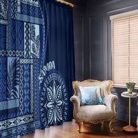 Blue patterned window curtains with siapo-style motifs and matching solid dark-blue side