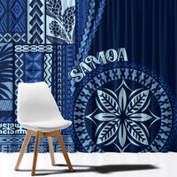 Blue siapo-style motif window curtain with large leaf circle medallion detail