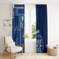 Blue siapo-style window curtains with patterned left panel and solid dark-blue right panel