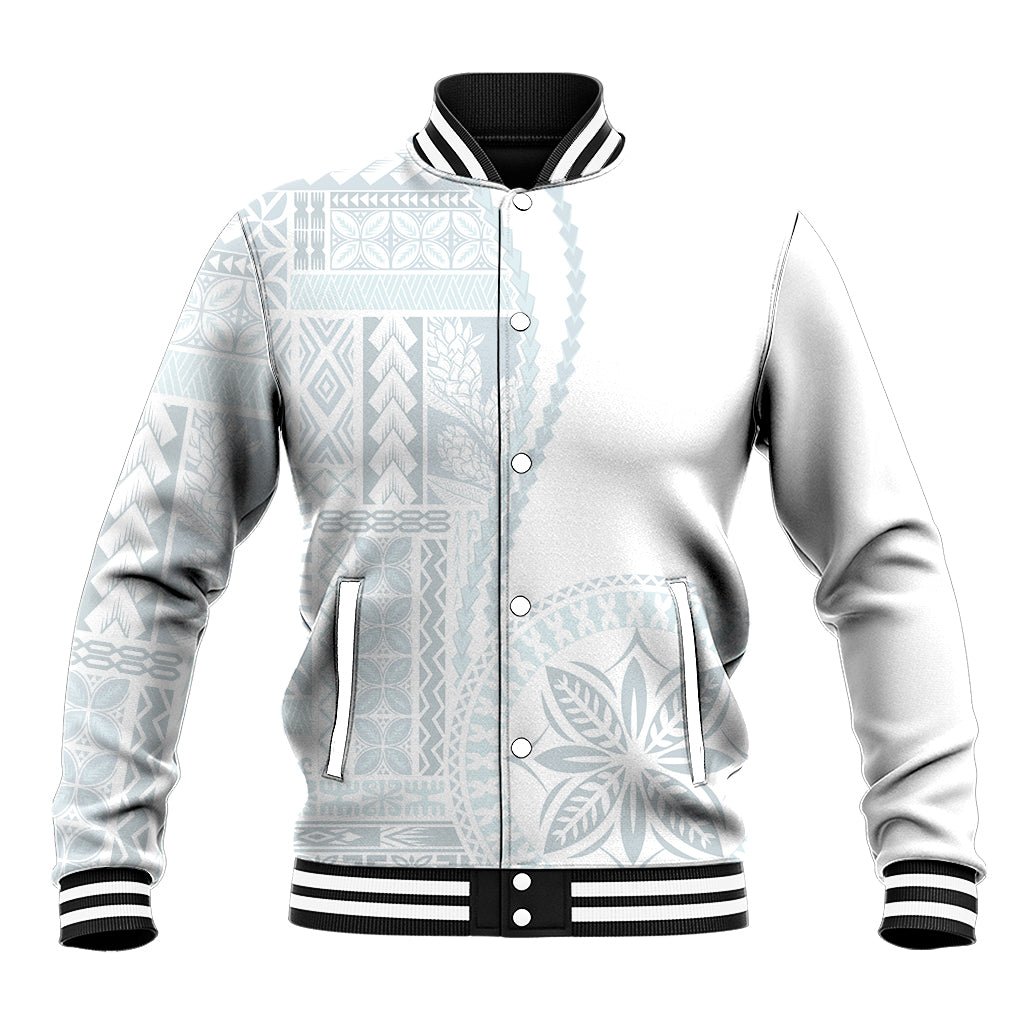 White baseball jacket with black ribbed trim and siapo-style geometric print, button front