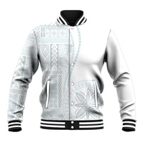 White baseball jacket with black ribbed trim and siapo-style geometric print, button front