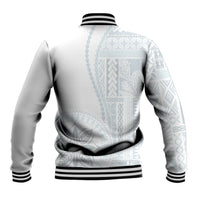 Back of white baseball jacket with black ribbed hem and siapo-style geometric print