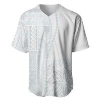 White baseball jersey with light-blue Siapo-style panel print and button front