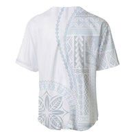 White baseball jersey back with light-blue Siapo-style geometric and leaf print