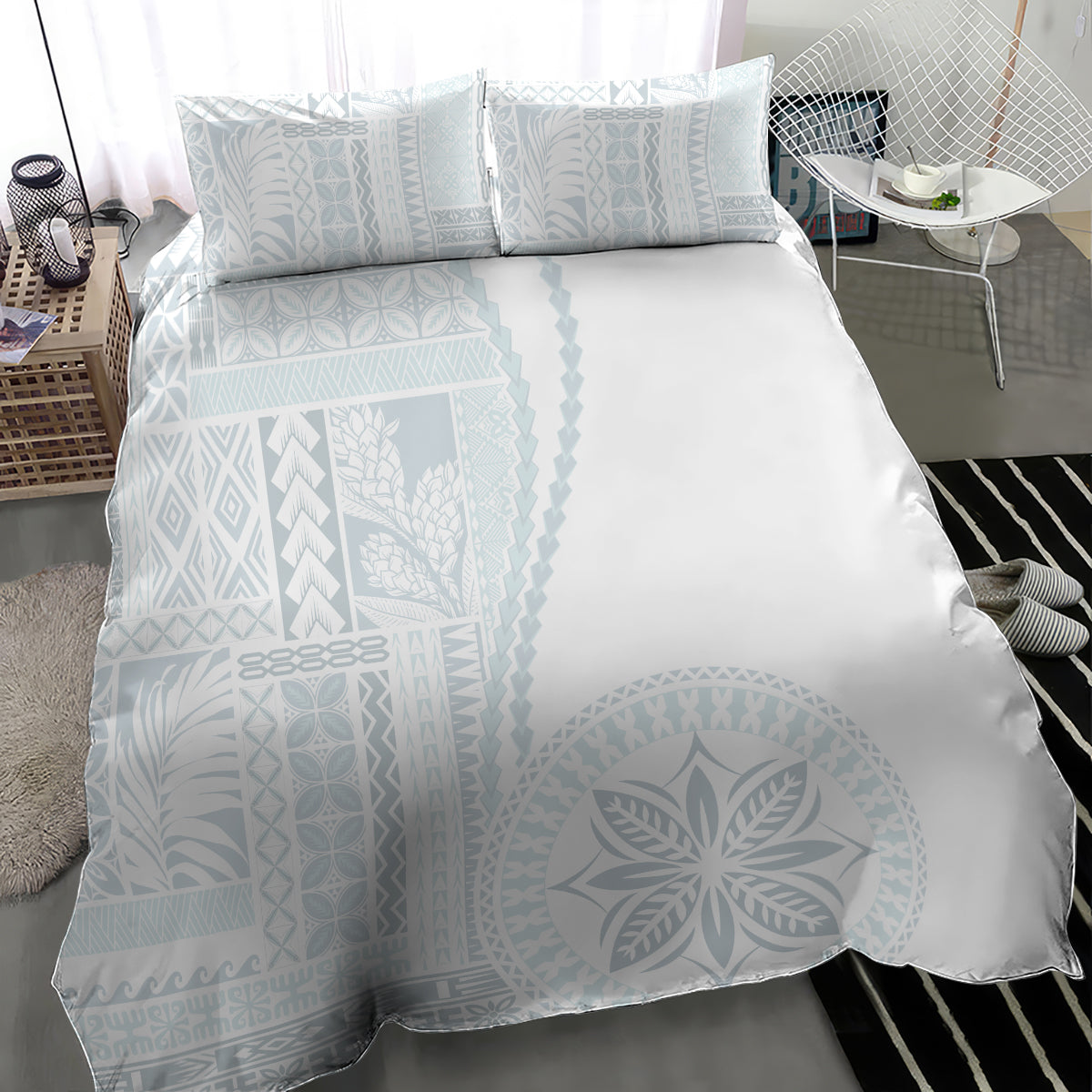 White duvet set with large circular floral siapo print and two matching pillowcases