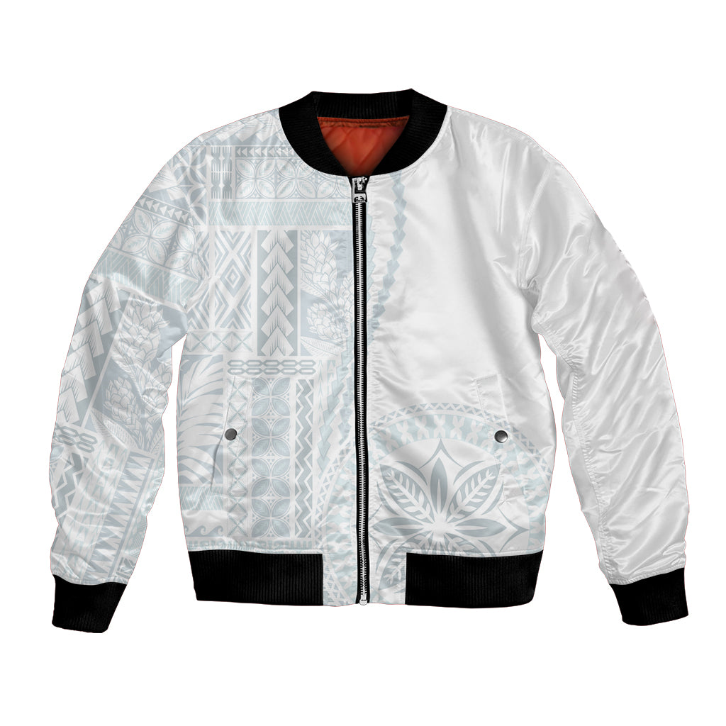 White bomber jacket with light blue siapo pattern, front zipper, black ribbed cuffs