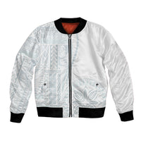 White bomber jacket with light blue siapo pattern, front zipper, black ribbed cuffs
