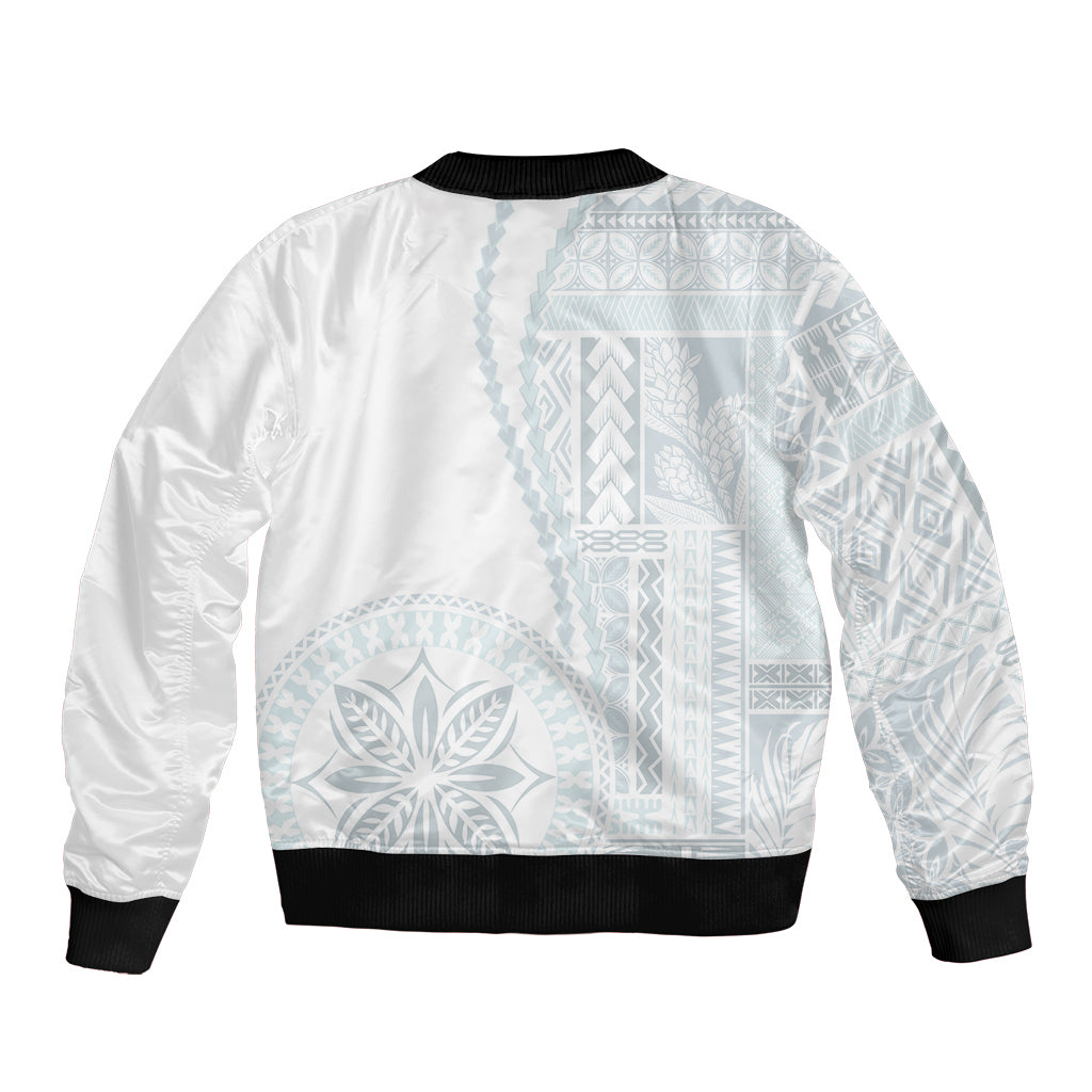 White bomber jacket with light blue back graphic, black ribbed hem and cuffs