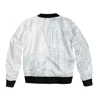 White bomber jacket with light blue back graphic, black ribbed hem and cuffs