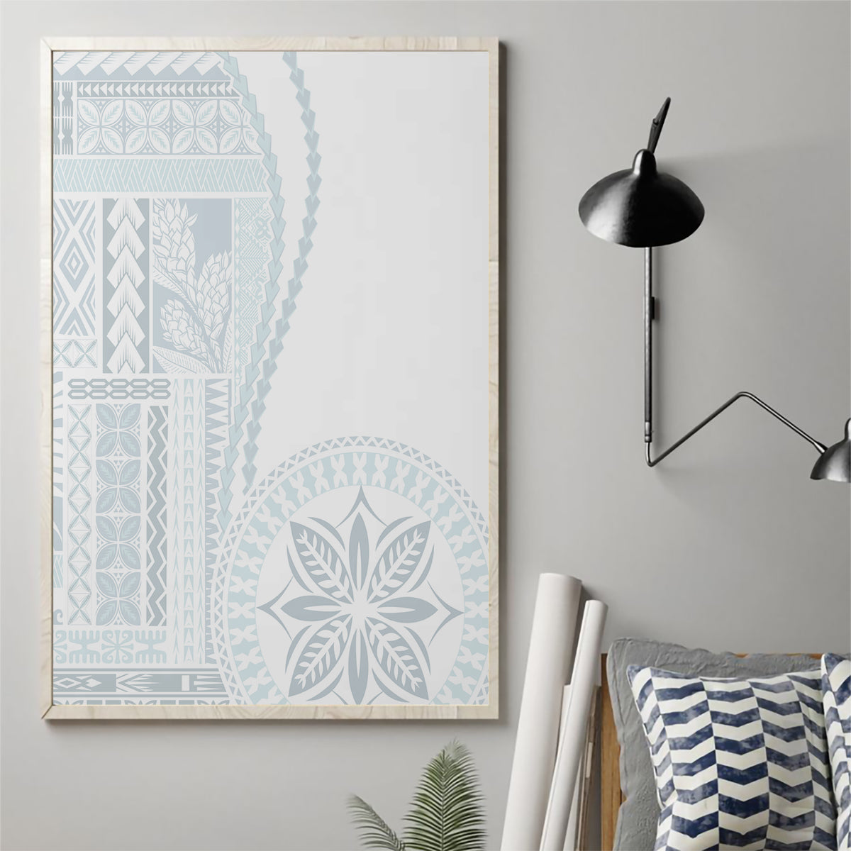Framed white and light-blue siapo-style canvas wall art with circular motif