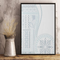 Black-framed white and light-blue siapo-style canvas wall art, leaf and geometric