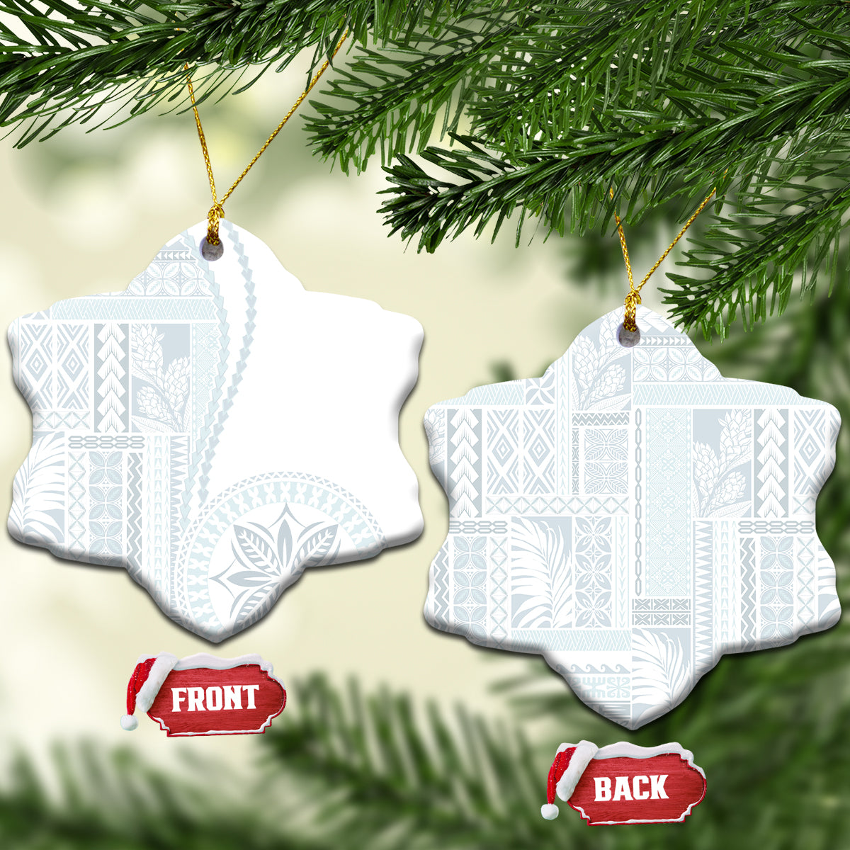 White ceramic star-shaped ornament with blue patterned siapo design hanging on gold cord.