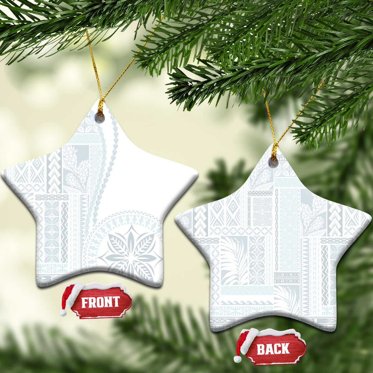 White ceramic star-shaped ornament with blue patterned siapo design hanging on gold cord.