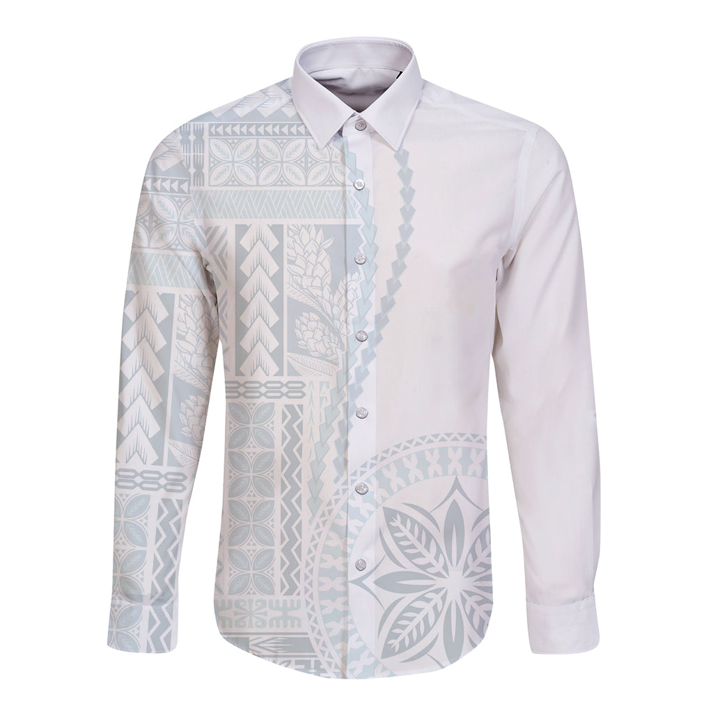 White long sleeve button-up shirt with light blue siapo-style panel print