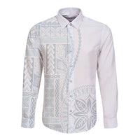 White long sleeve button-up shirt with light blue siapo-style panel print