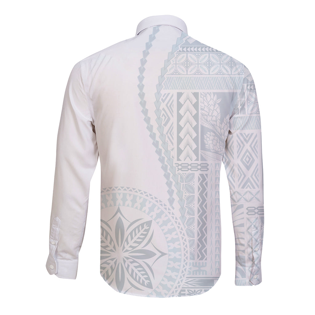 White long sleeve button-up shirt with light blue back siapo-style print