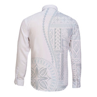 White long sleeve button-up shirt with light blue back siapo-style print