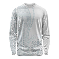 White long-sleeve shirt with light-blue Siapo pattern, crew neck