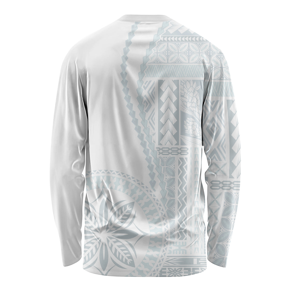 White long-sleeve shirt with light-blue Siapo pattern, back view