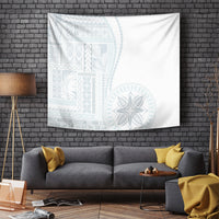 White siapo-style tapestry with light blue geometric and floral circular designs