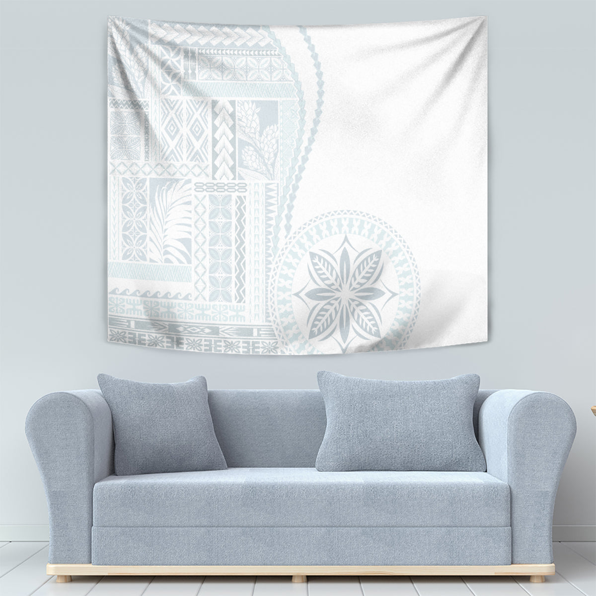 White siapo-style tapestry showing light blue geometric bands and circular rosette motif