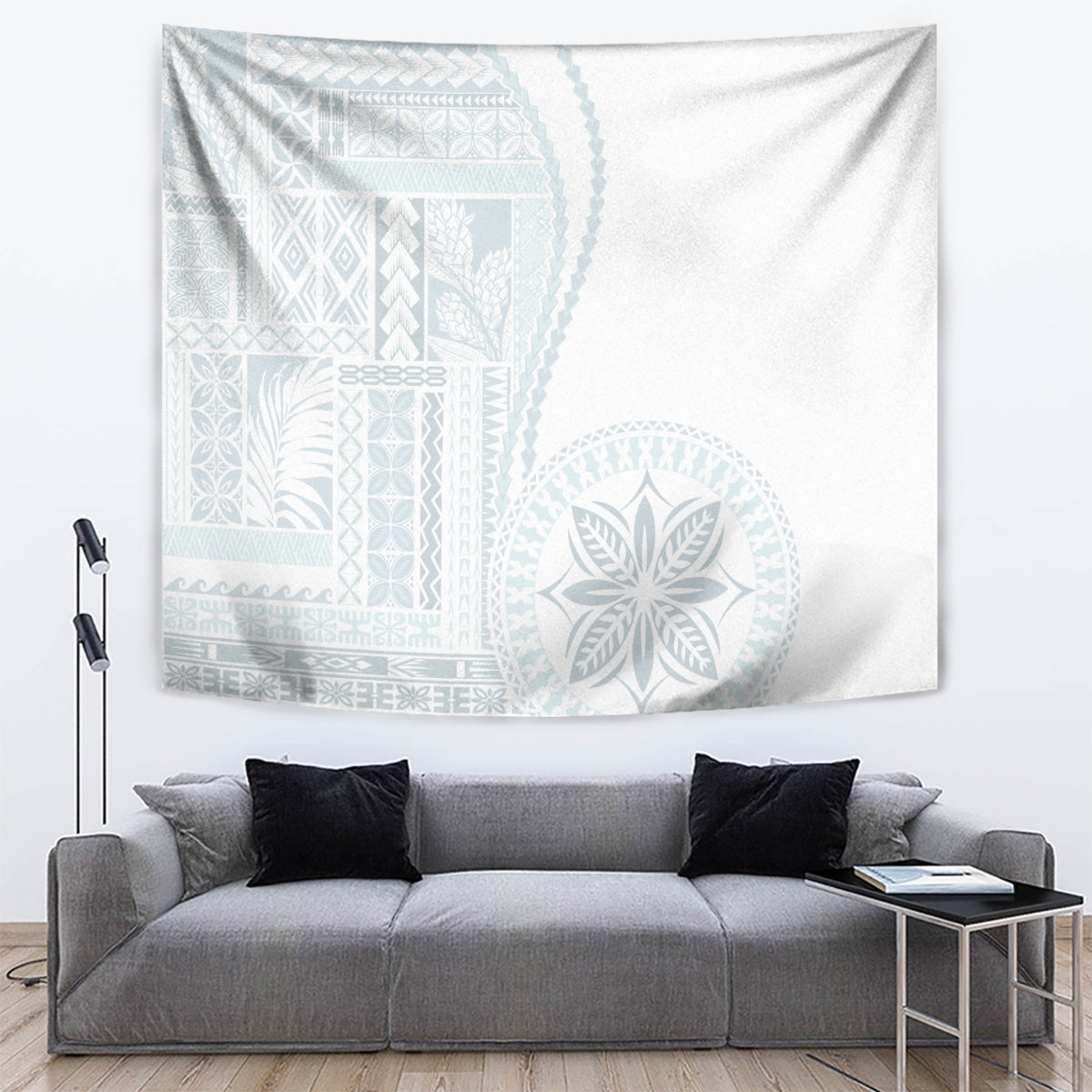 White siapo-style tapestry with light blue pattern paneling and round leaf rosette