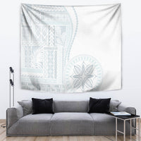 White siapo-style tapestry with light blue pattern paneling and round leaf rosette