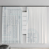 White window curtain with light blue siapo-style geometric panel and pleated solid panel
