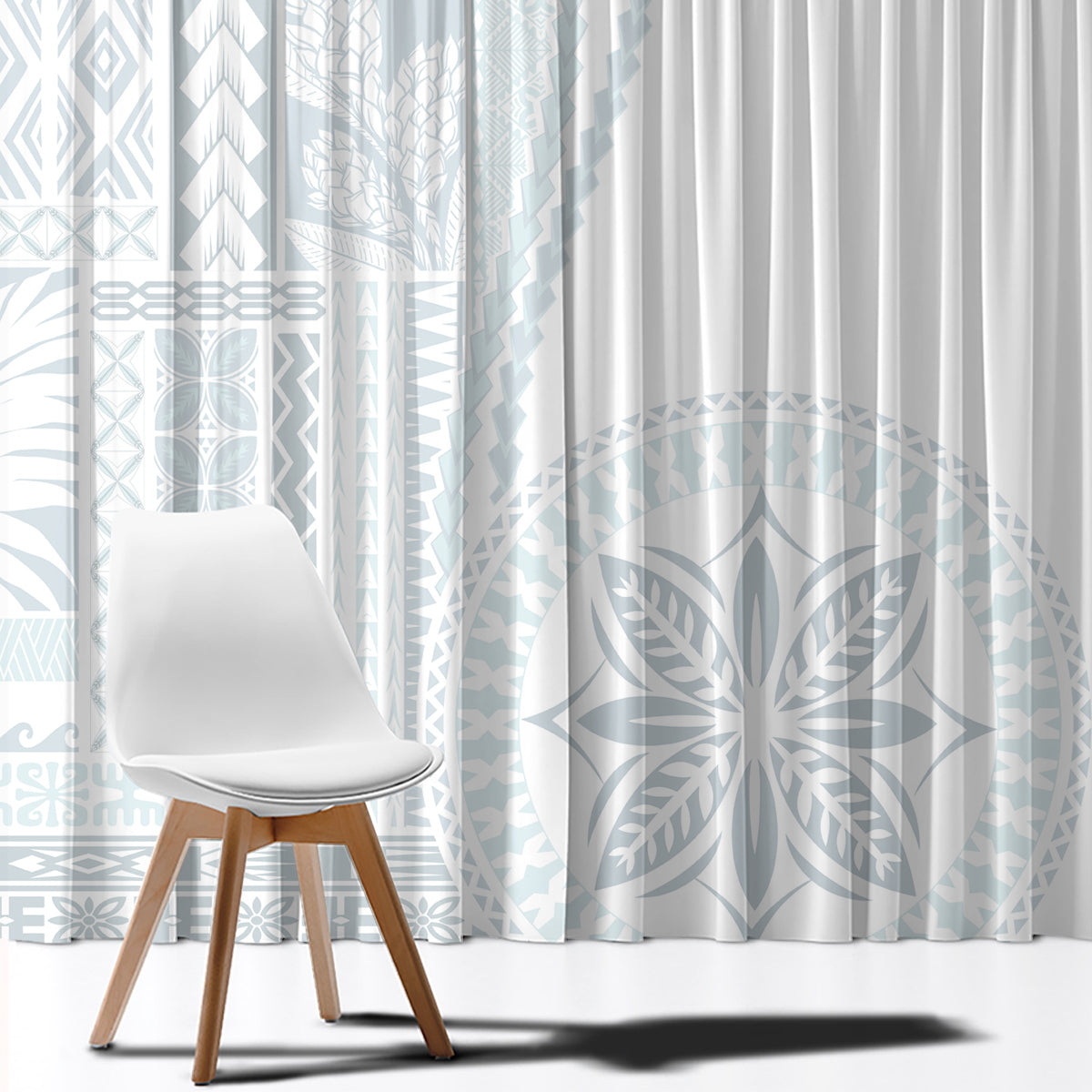 Light blue siapo-style patterned window curtain panel with white pleated curtain panel