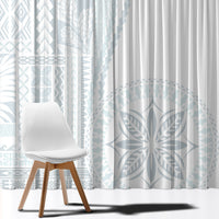Light blue siapo-style patterned window curtain panel with white pleated curtain panel