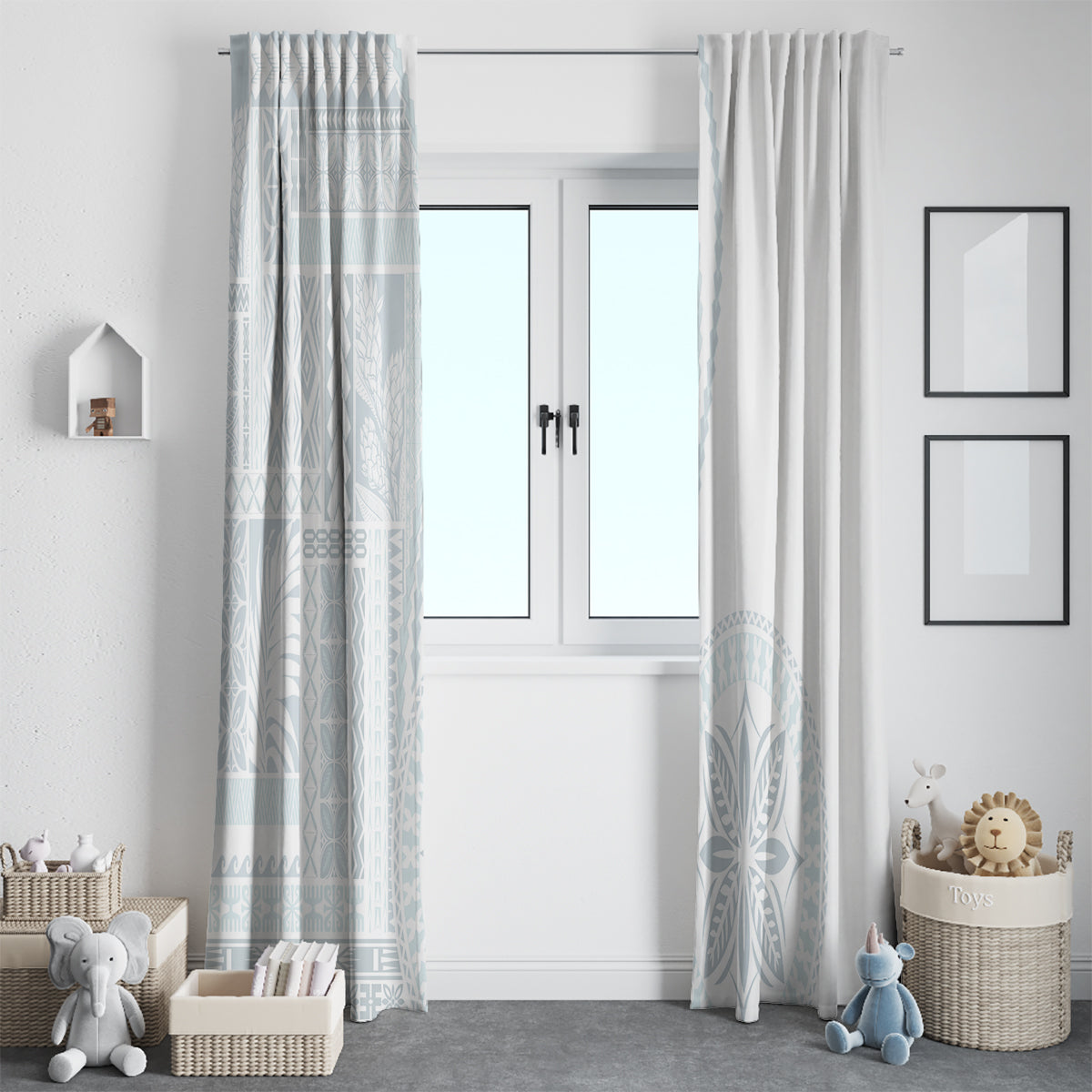 White window curtain pair with light blue siapo-style geometric print and pleated panels