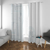 Window curtain set with light blue siapo-style geometric panels and white pleated sections