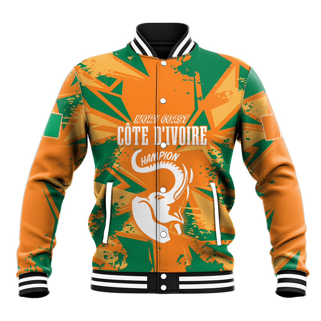 Orange and green camo custom baseball jacket with button front, ribbed cuffs, elephant logo