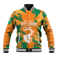 Orange and green camo custom baseball jacket with button front, ribbed cuffs, elephant logo