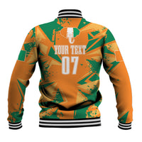 Orange and green camo baseball jacket back with number 07, striped ribbed collar and hem