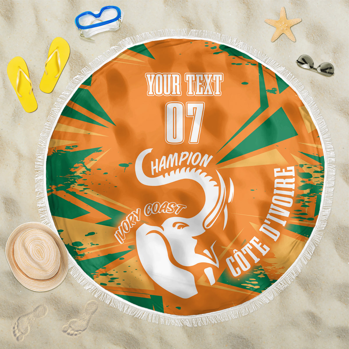 Orange round beach blanket with white fringe, 'YOUR TEXT' 07 and champion graphic