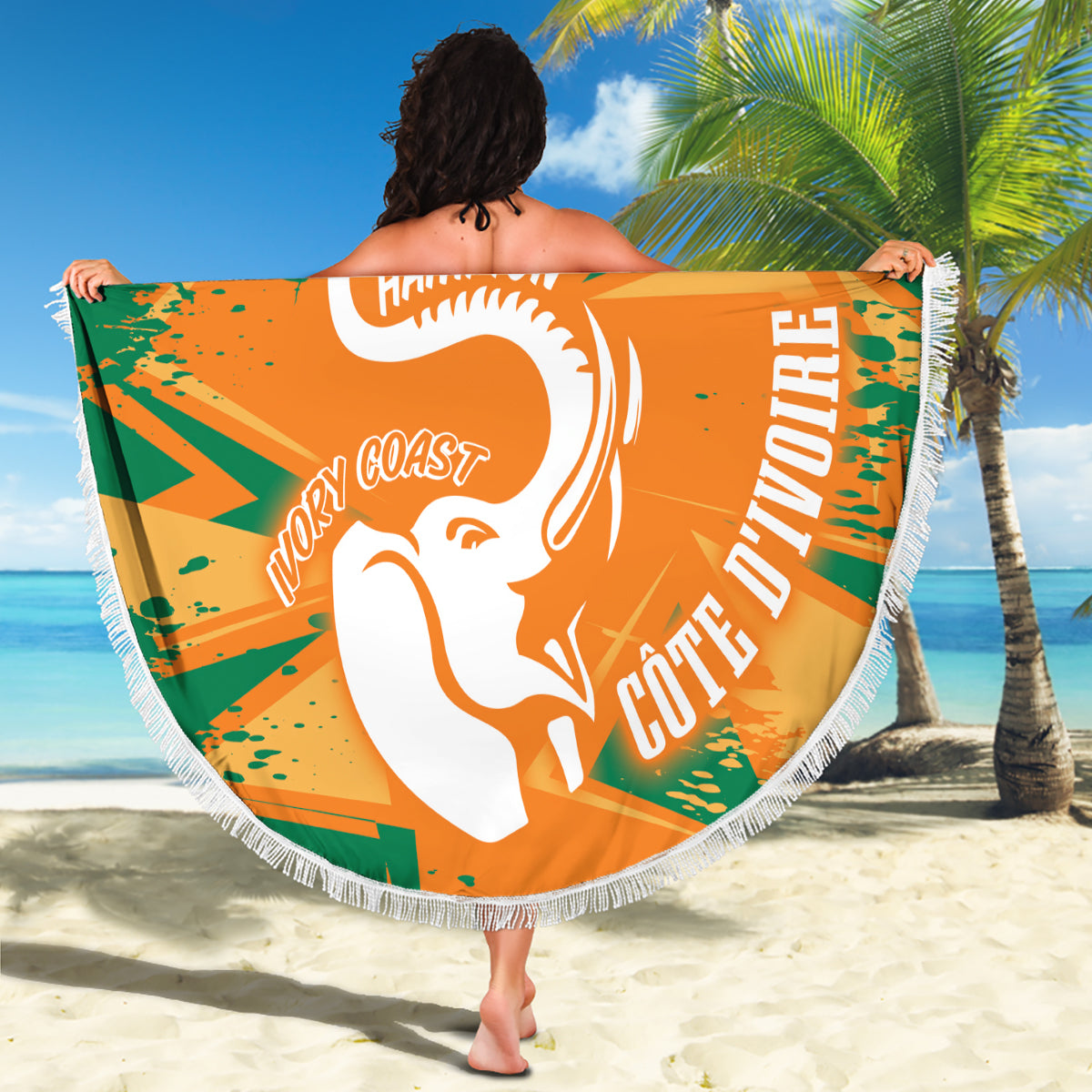 Orange round beach blanket with white fringe, held up showing 'YOUR TEXT' 07