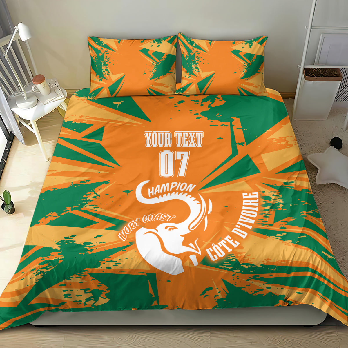 Orange and green geometric bedding set with elephant graphic, duvet and matching pillowcases
