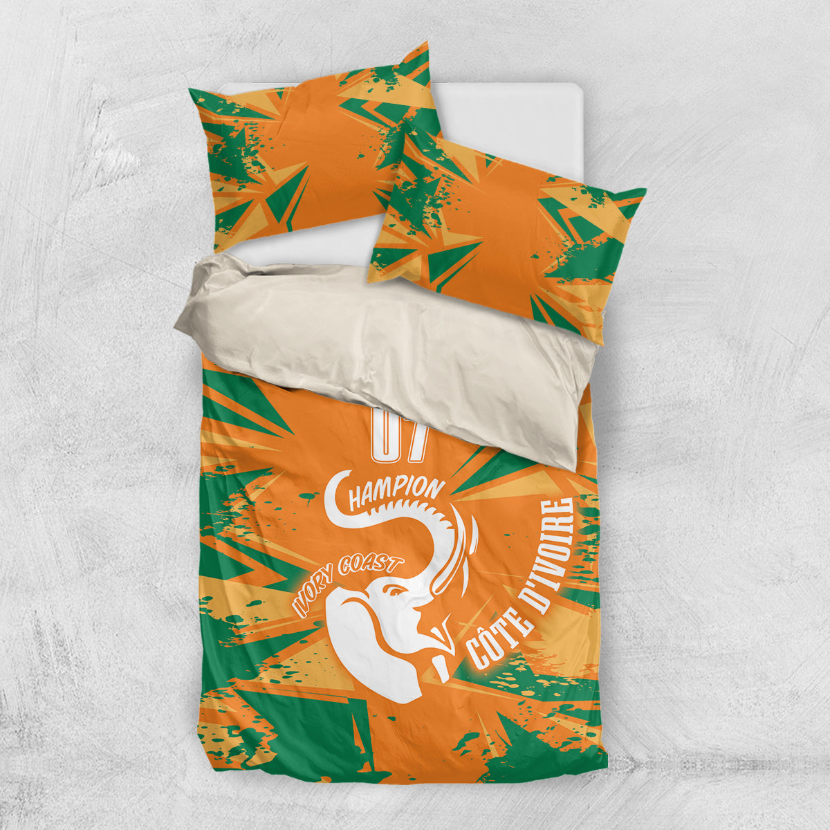 Orange and green geometric duvet with elephant emblem and two coordinating pillowcases