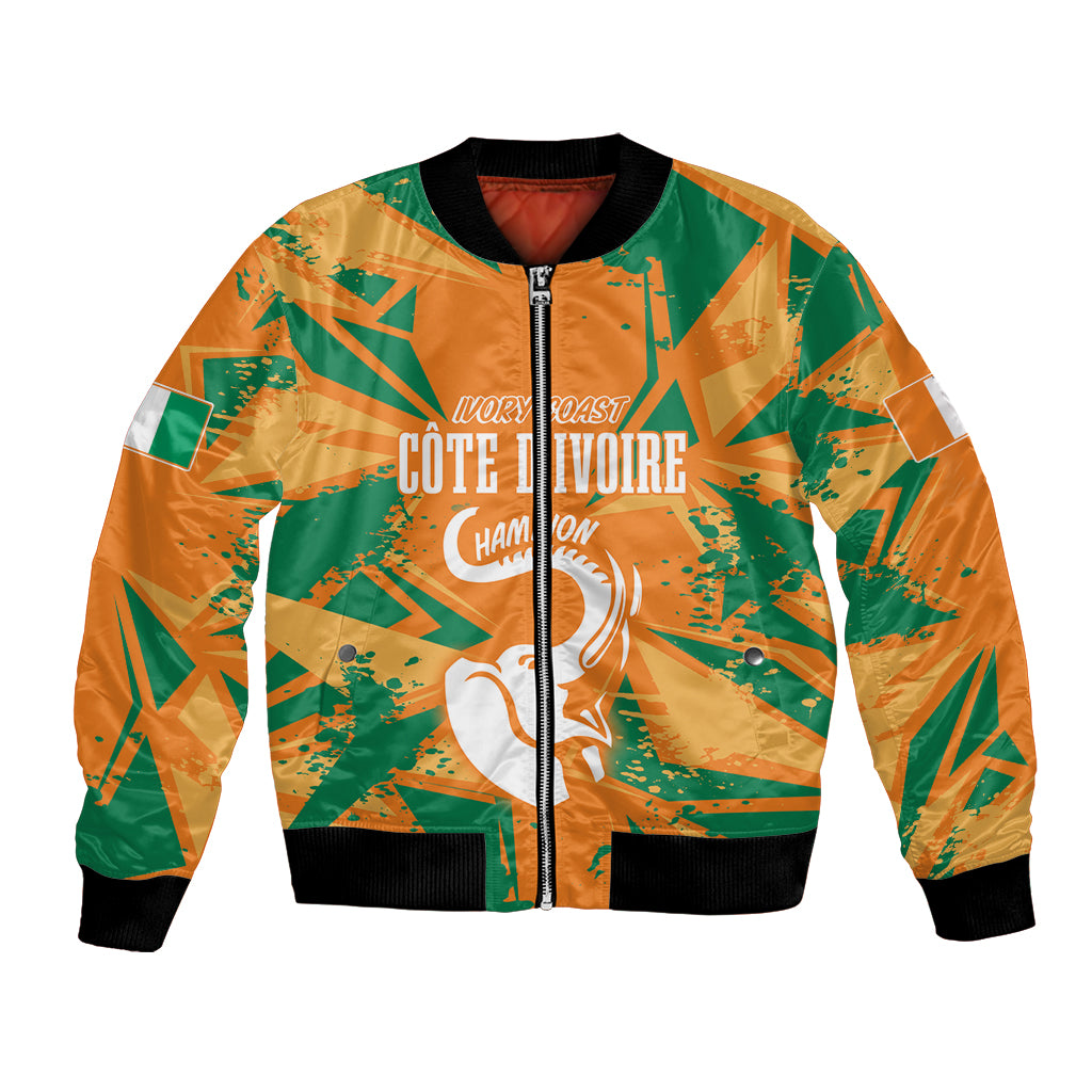 Unisex bomber jacket, orange/green geometric graphic, front zipper, ribbed cuffs