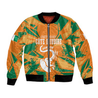 Unisex bomber jacket, orange/green geometric graphic, front zipper, ribbed cuffs