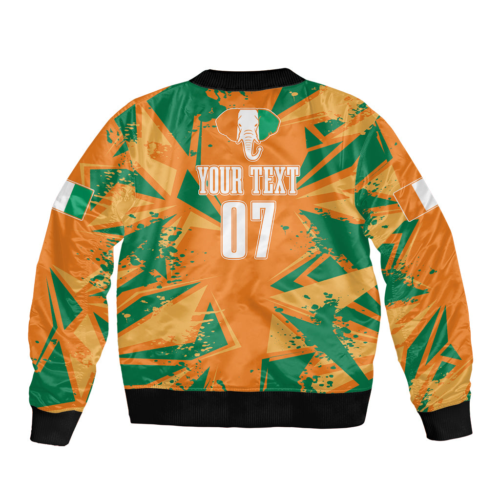 Unisex bomber jacket with back print 'YOUR TEXT 07', orange/green pattern, ribbed hem
