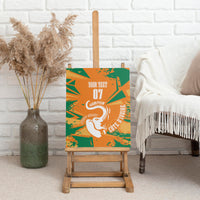 Orange and green canvas wall art on wooden easel, elephant graphic with custom text 07
