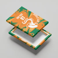 Orange and green canvas wall art on wooden base, angled view with elephant and custom 07