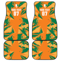 Custom car floor mats set with orange and green graphic, elephant and “07”