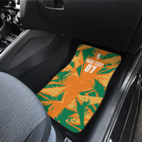 Custom orange and green car floor mat with elephant graphic and “07” on front area