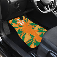 Custom orange and green car floor mat with elephant graphic and “07” in rear seat